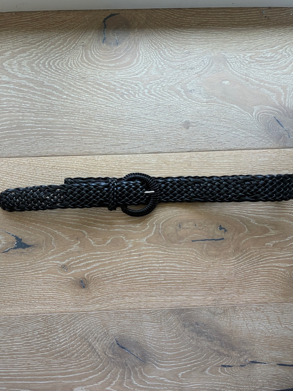 Black Braided Leather Belt with Round Buckle